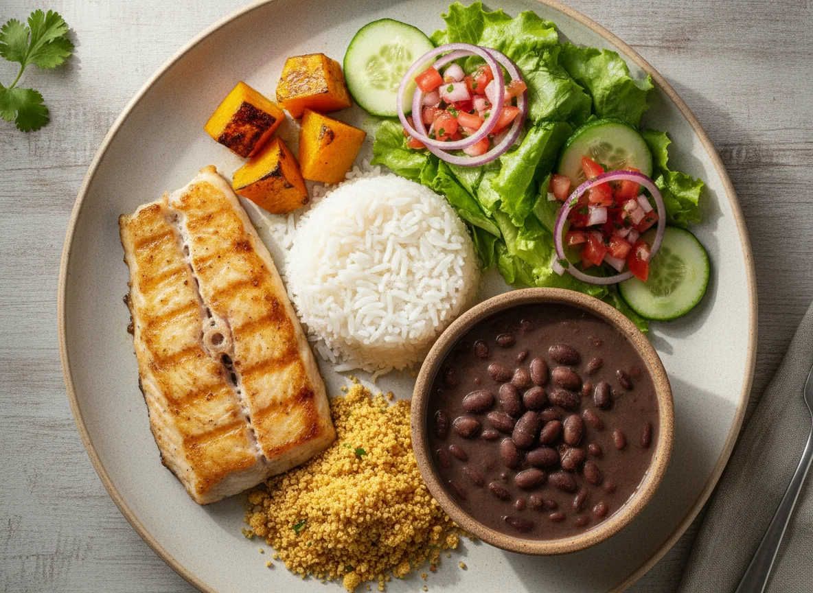 Filé de peixe grelhado com arroz, feijão, farofa, abóbora e salada photo