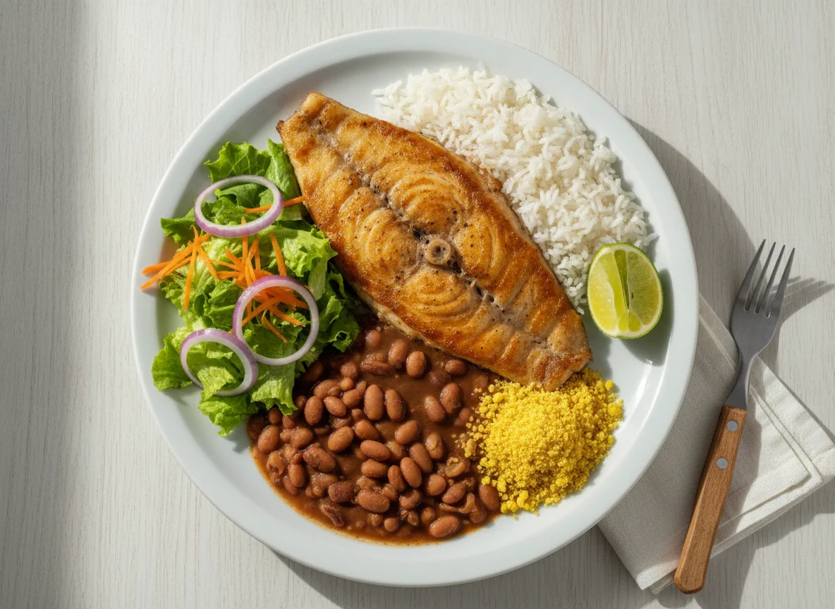 Filé de Peixe Grelhado com Arroz, Feijão, Farofa e Salada photo