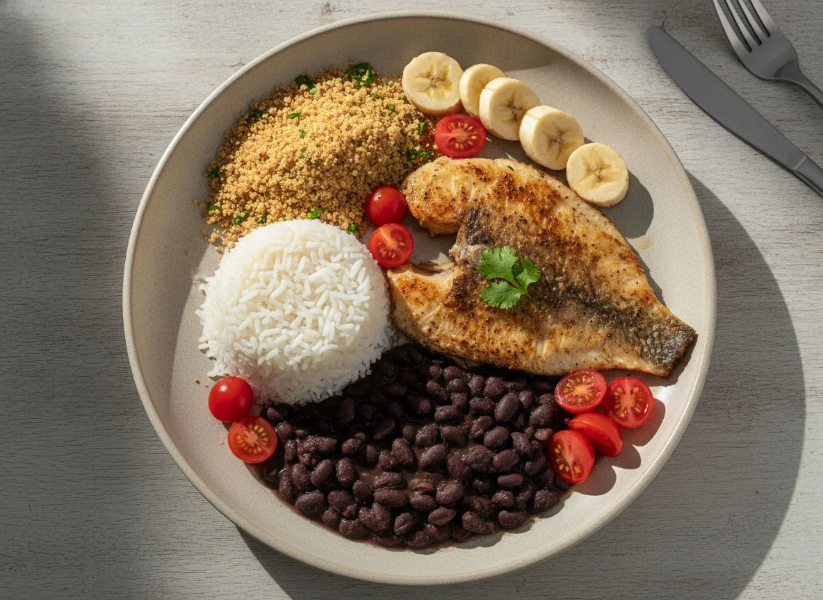 Filé de peixe grelhado com arroz, feijão preto, farofa, tomate cereja e banana photo