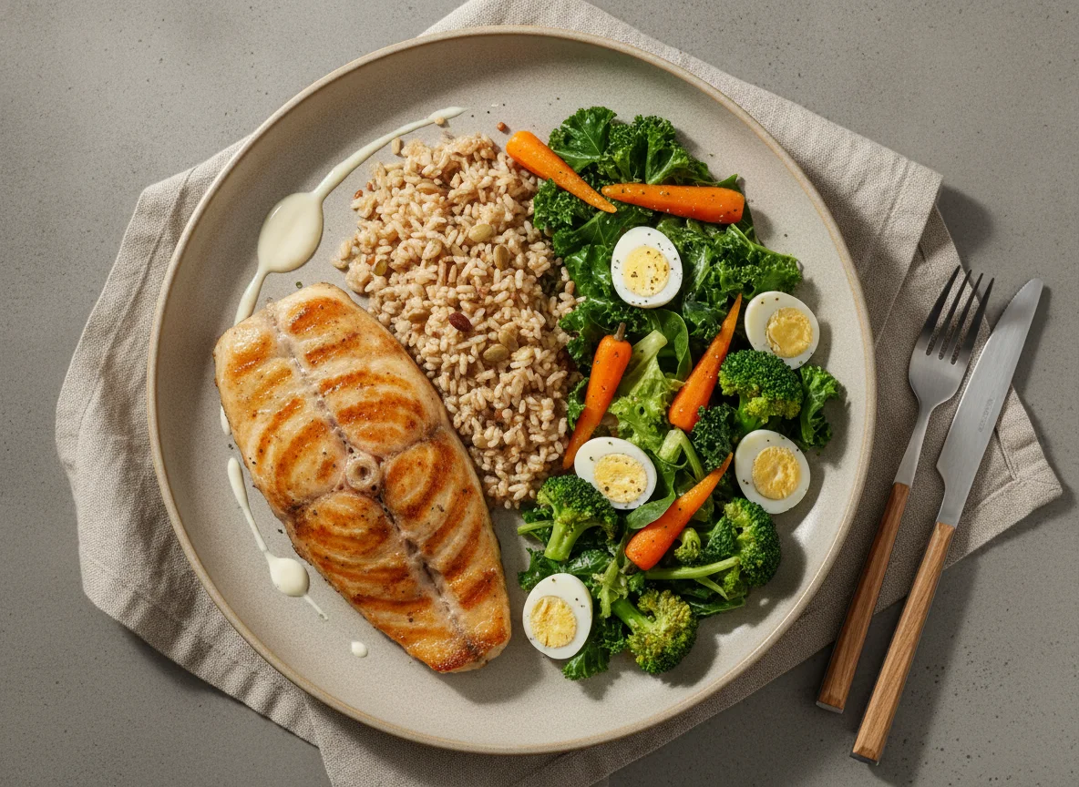 Filé de peixe grelhado com arroz integral e salada mista photo