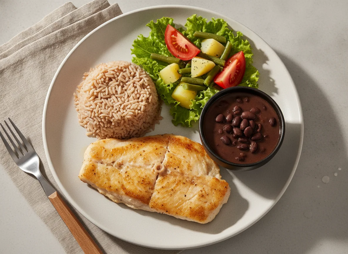 Filé de peixe grelhado com arroz integral, feijão preto e salada photo