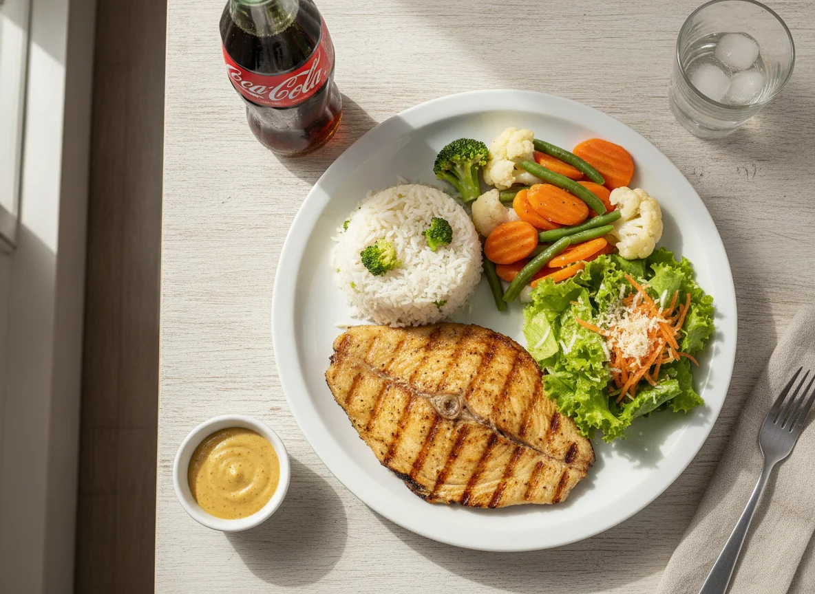Filé de peixe grelhado com arroz, legumes e salada photo