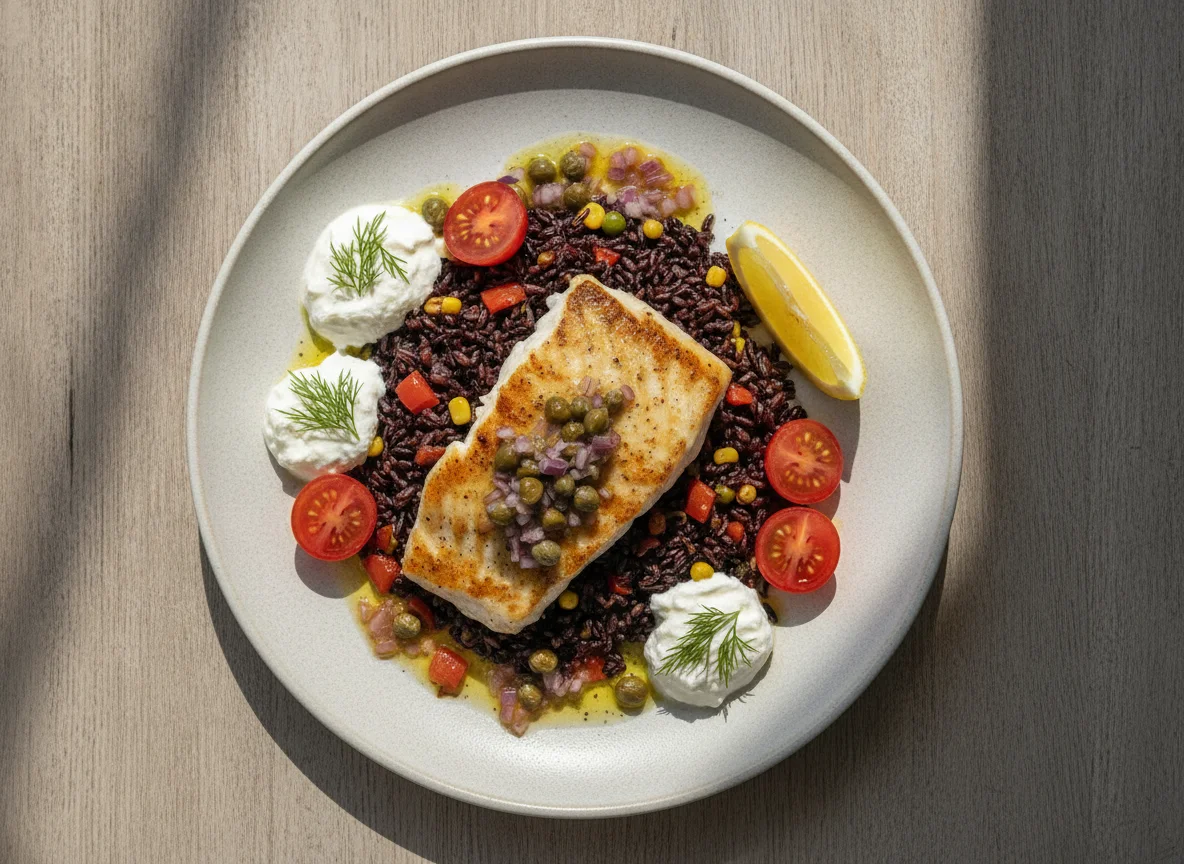 Filé de peixe grelhado com arroz negro e acompanhamentos photo
