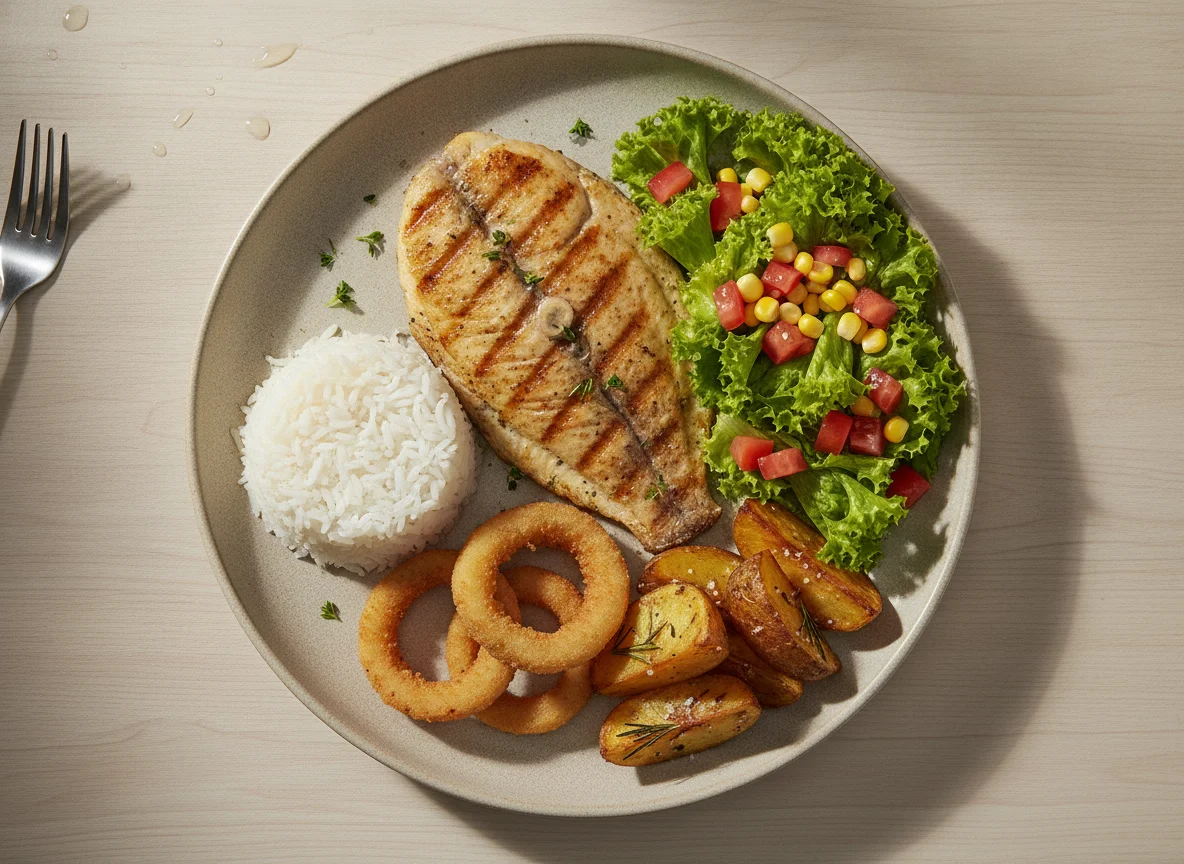 Filé de peixe grelhado com arroz, salada e acompanhamentos photo