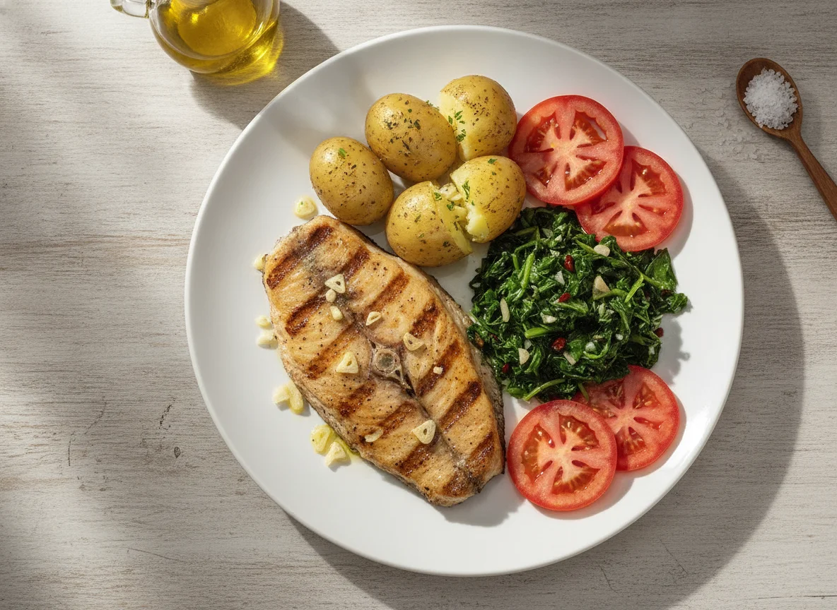 Filé de peixe grelhado com batata cozida, couve e tomate photo