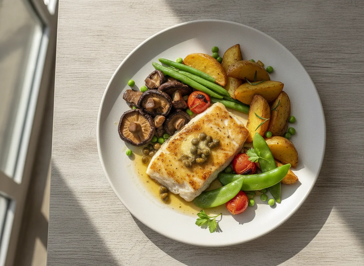 Filé de peixe grelhado com batatas assadas, cogumelos e legumes photo