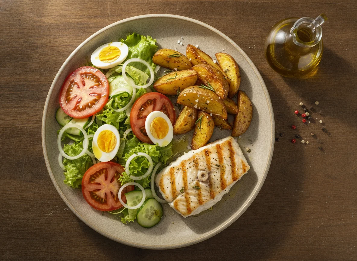 Filé de peixe grelhado com batatas rústicas e salada photo