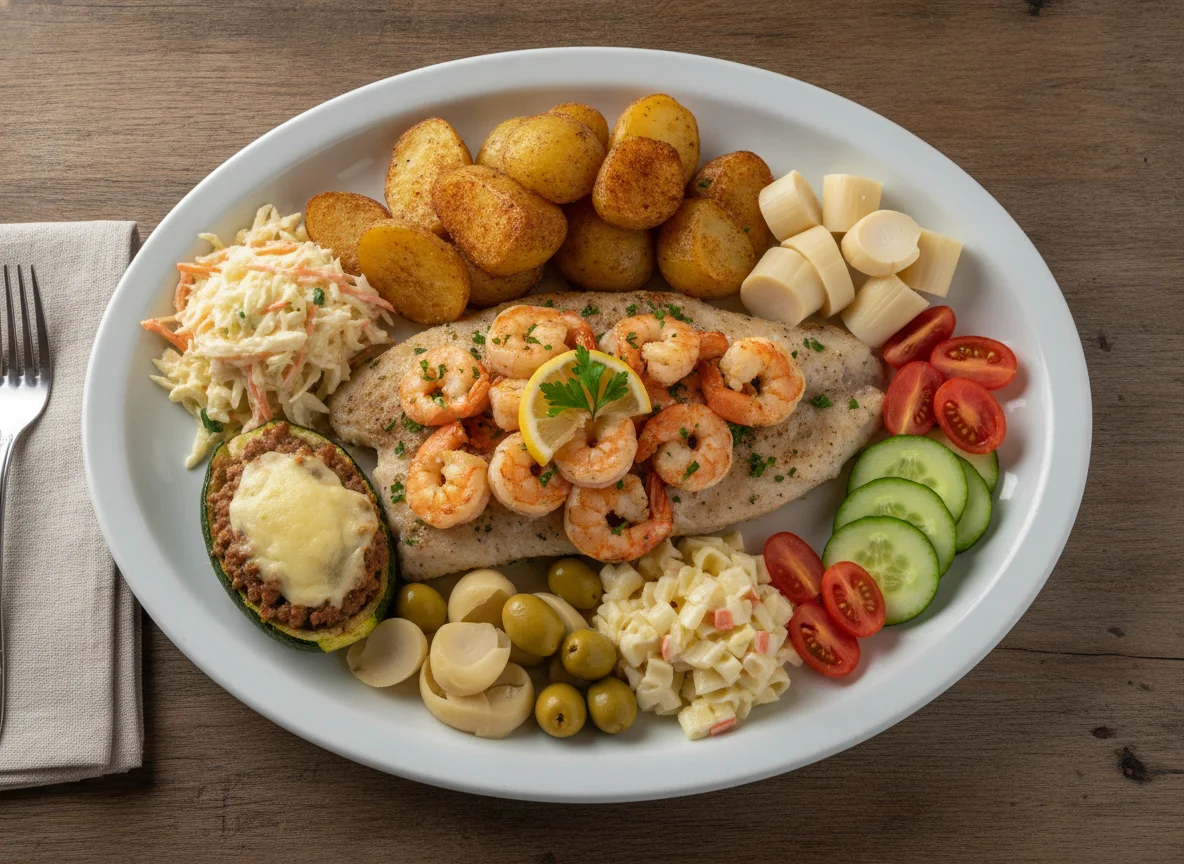 Filé de peixe grelhado com camarões, batatas assadas e saladas variadas photo