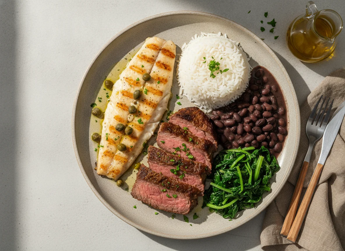 Filé de peixe grelhado com carne assada e acompanhamentos photo