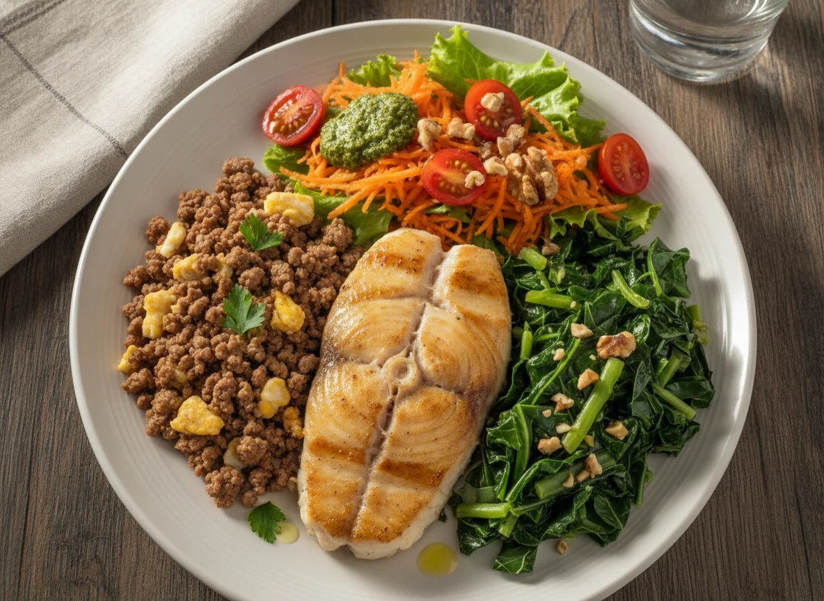 Filé de peixe grelhado com carne moída, couve e salada photo