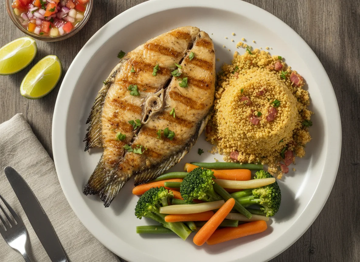 Filé de Peixe Grelhado com Farofa e Legumes photo