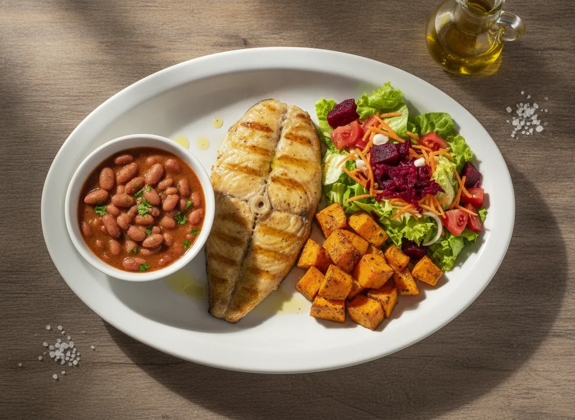 Filé de peixe grelhado com feijão, batata doce e salada mista photo