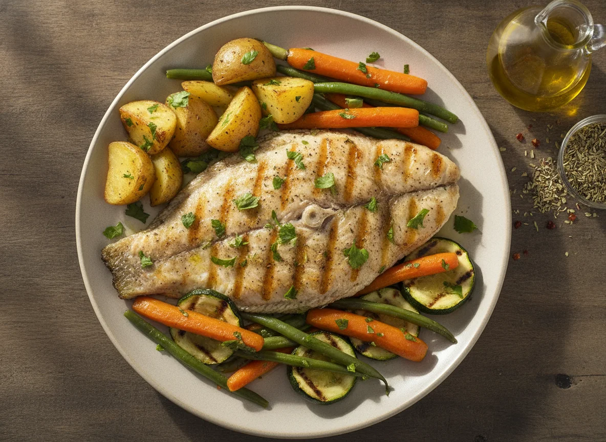 Filé de peixe grelhado com legumes assados photo