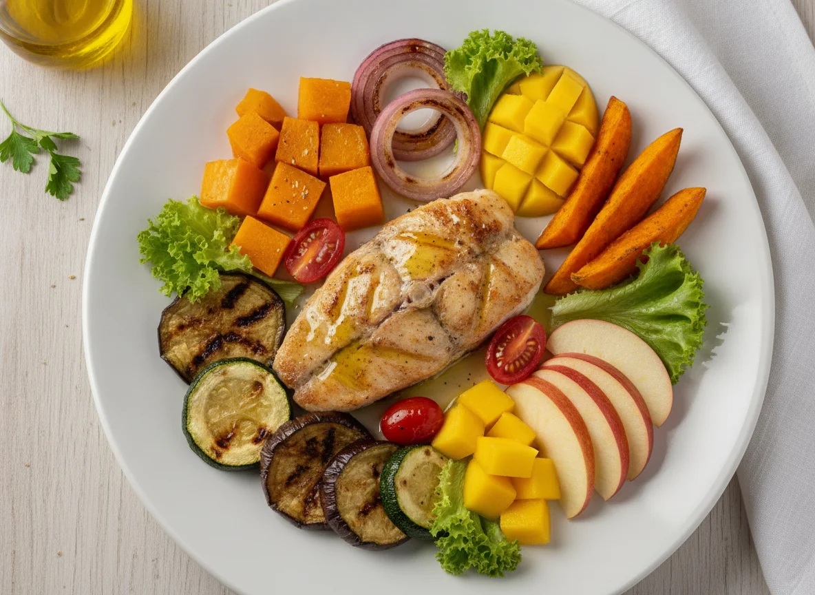 Filé de peixe grelhado com legumes e frutas photo