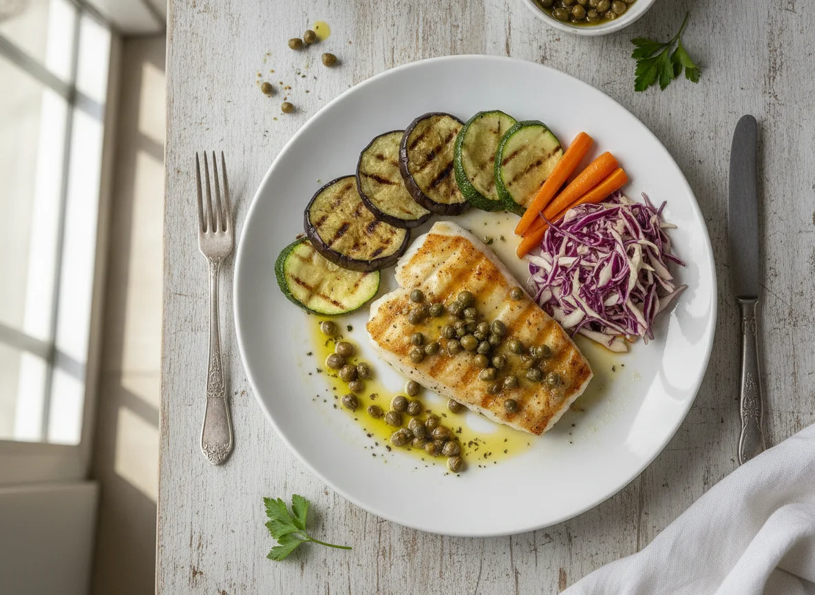 Filé de peixe grelhado com legumes e salada de repolho photo