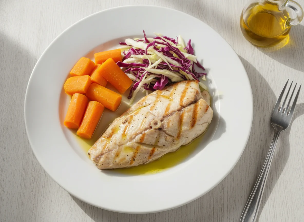 Filé de peixe grelhado com legumes e salada photo