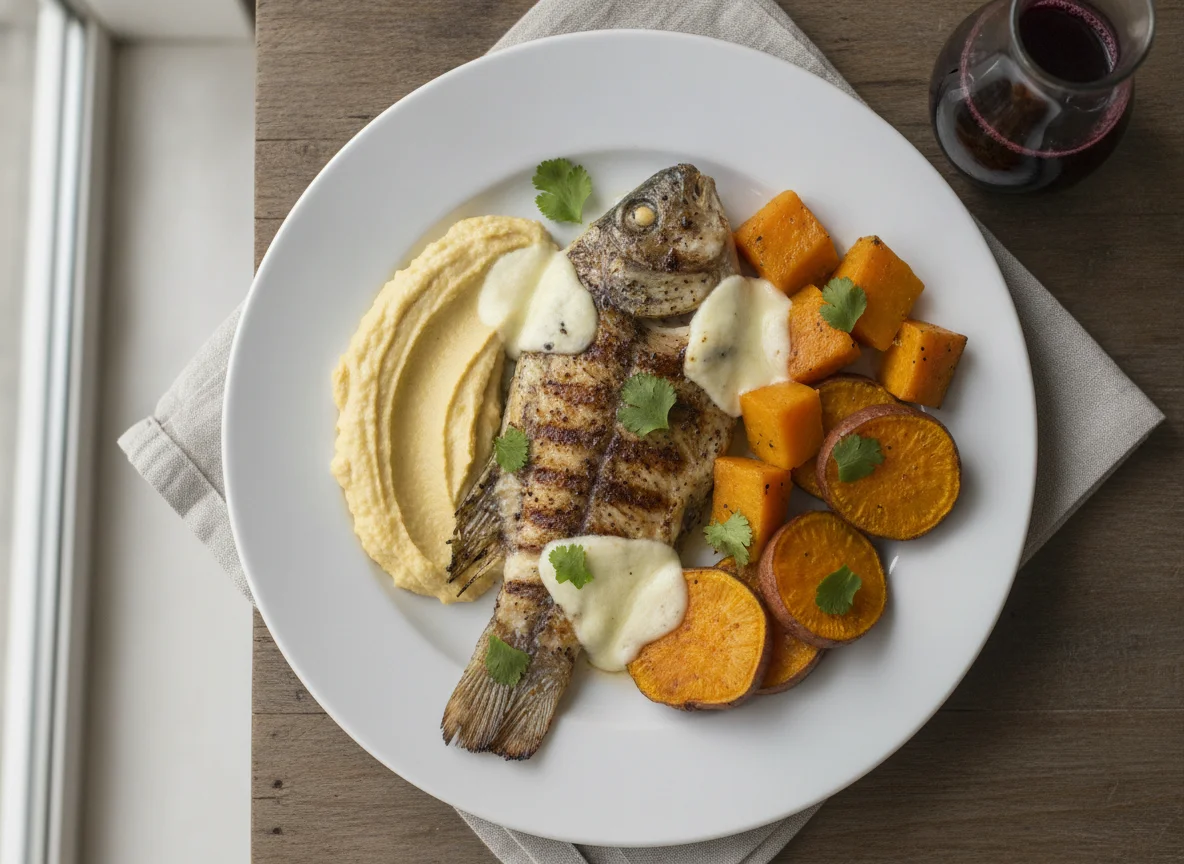 Filé de peixe grelhado com legumes, homus e queijo photo