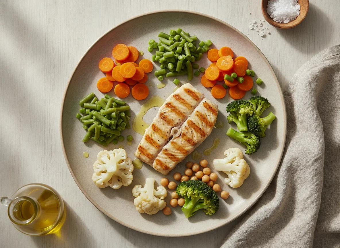 Filé de peixe grelhado com legumes variados photo