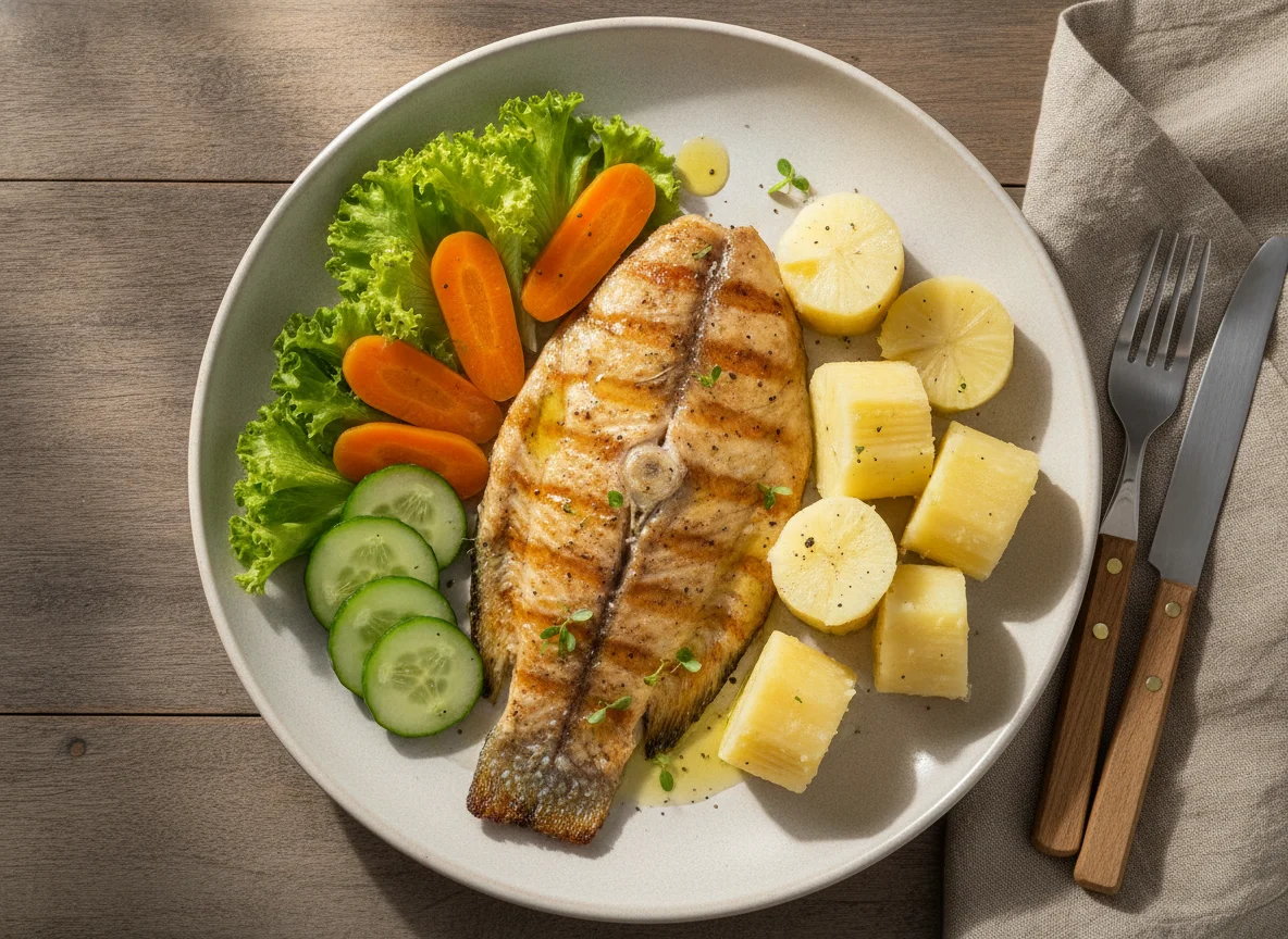 Filé de peixe grelhado com mandioca e legumes photo