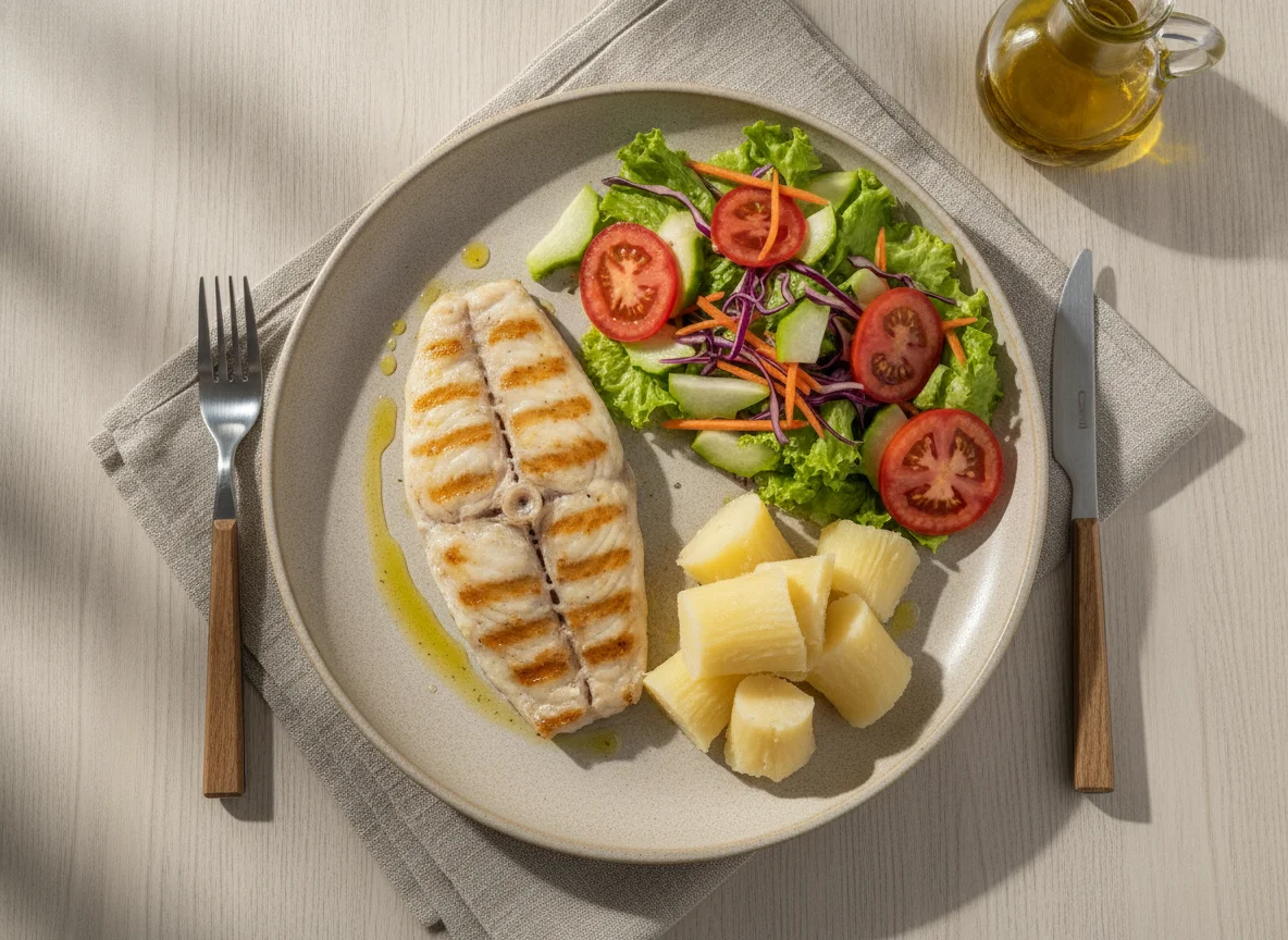 Filé de Peixe Grelhado com Mandioca e Salada photo