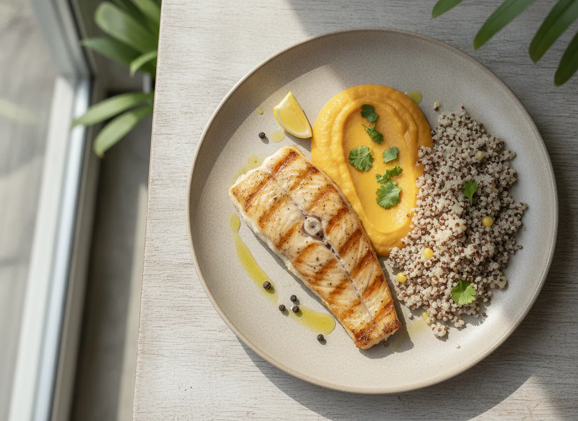 Filé de peixe grelhado com purê de abóbora e quinoa photo