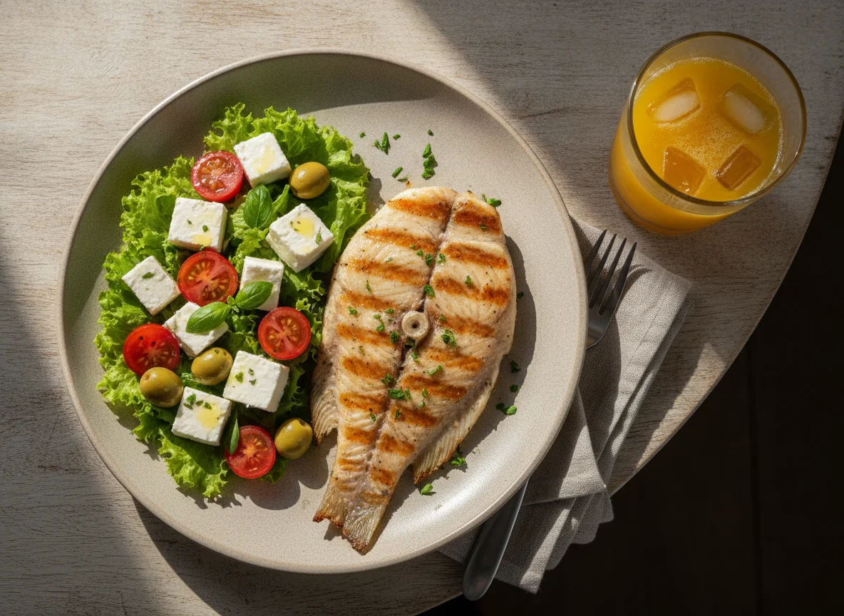 Filé de peixe grelhado com salada caprese e suco de laranja photo