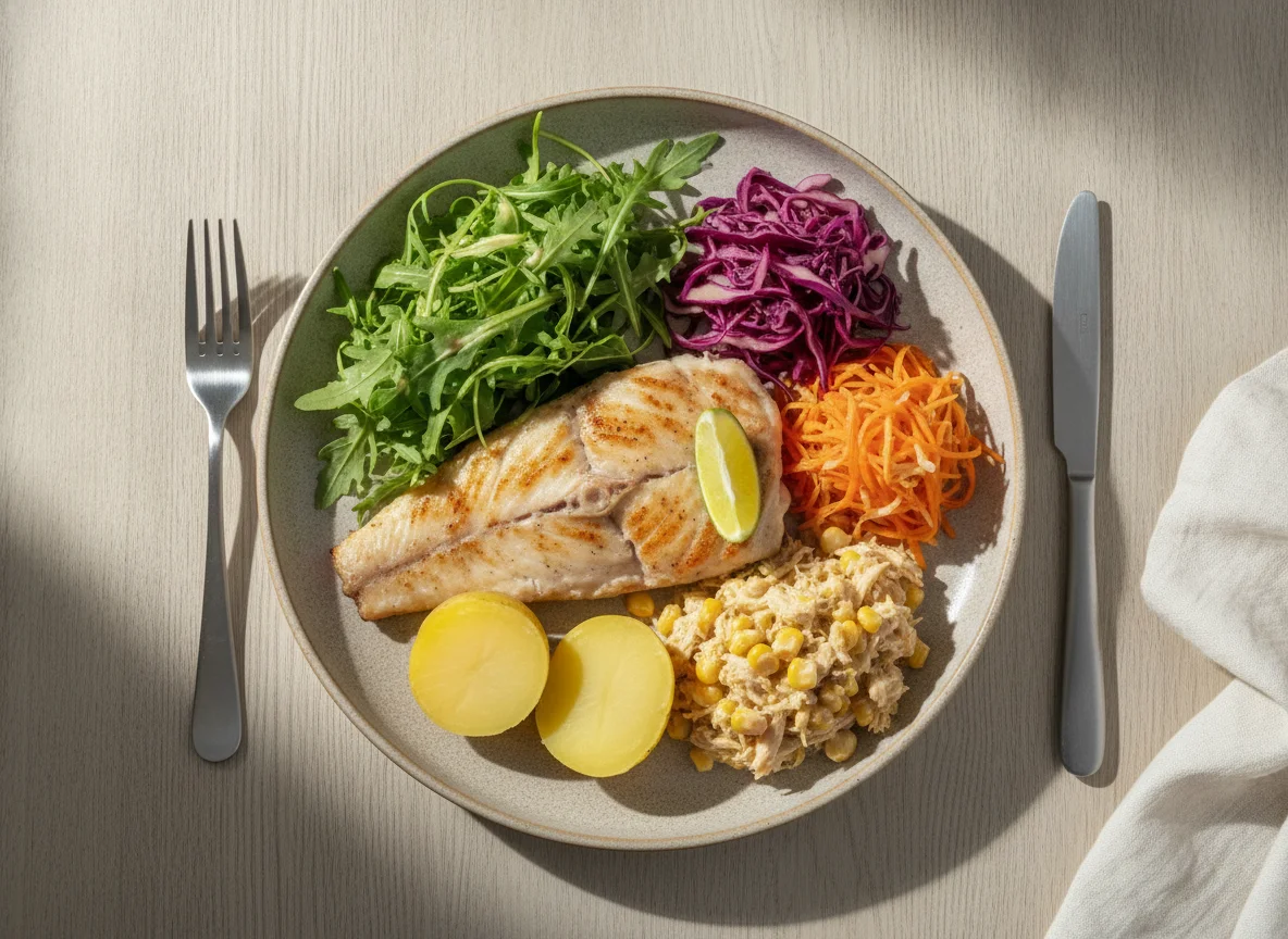 Filé de peixe grelhado com salada e acompanhamentos photo