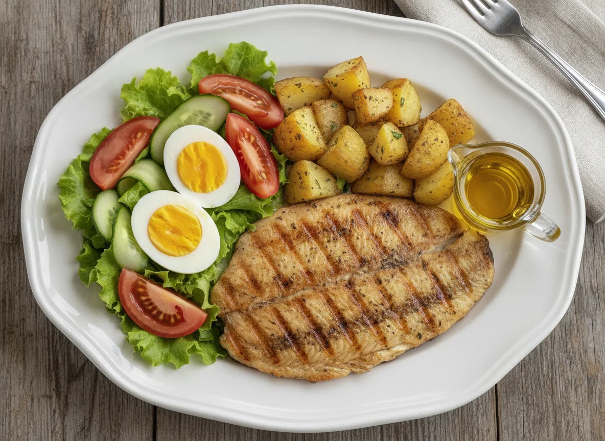 Filé de peixe grelhado com salada e batatas photo