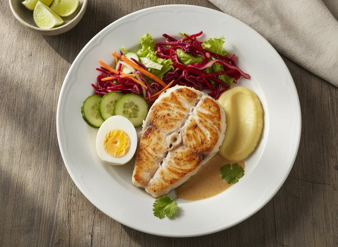 Filé de peixe grelhado com salada e ovo photo