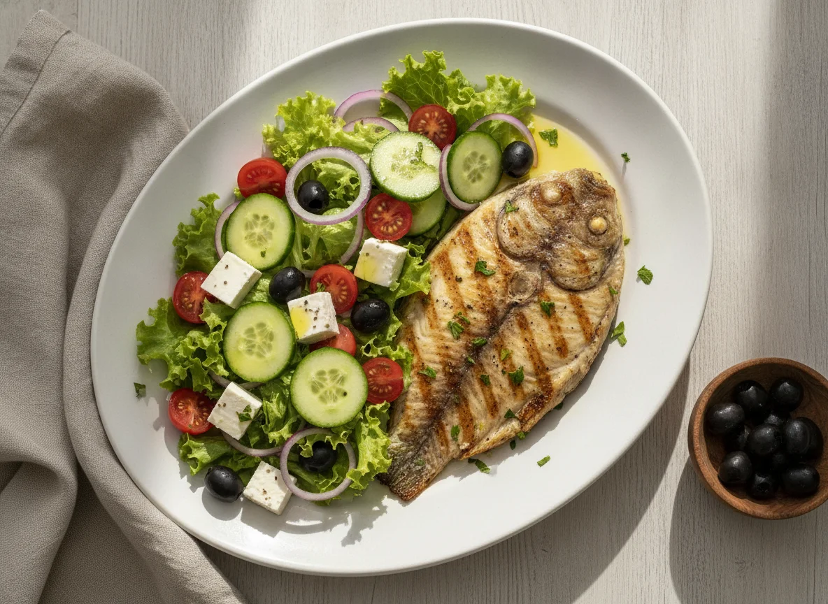 Filé de Peixe Grelhado com Salada Grega photo