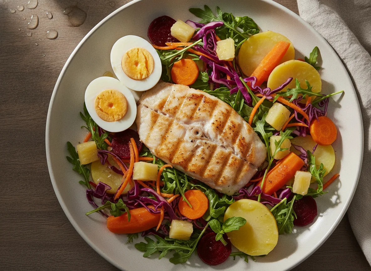 Filé de peixe grelhado com salada mista e ovo cozido photo