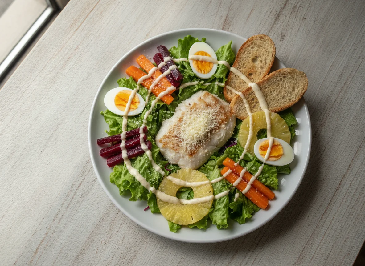 Filé de Peixe Grelhado com Salada Mista e Queijo photo