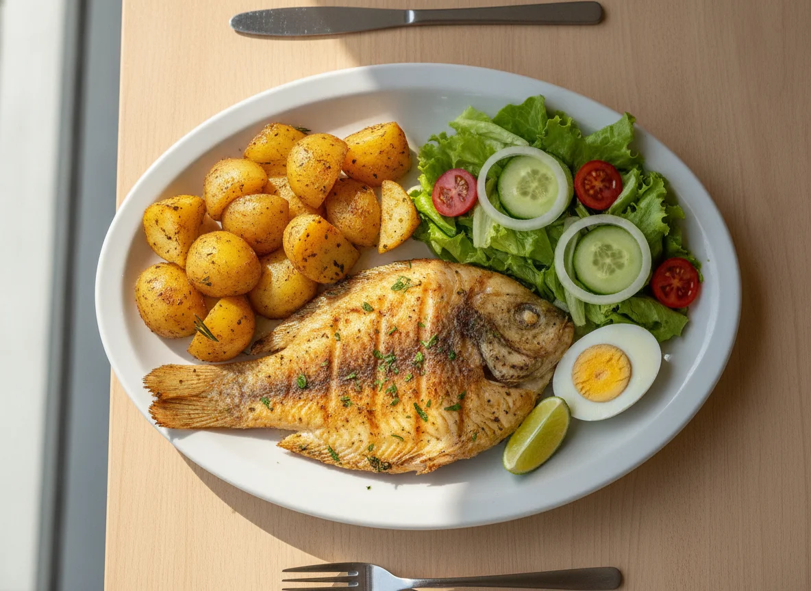 Filé de peixe grelhado com salada, ovo e batatas photo