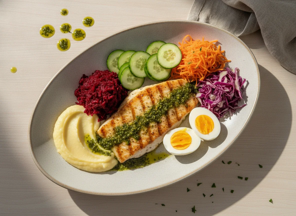 Filé de peixe grelhado com salada variada e ovo cozido photo