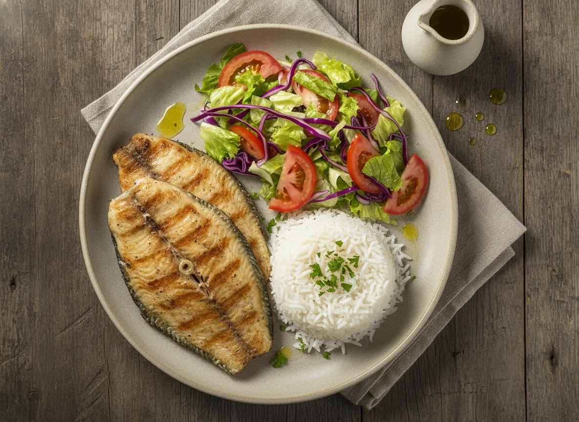 Filé de tilápia com arroz e salada photo