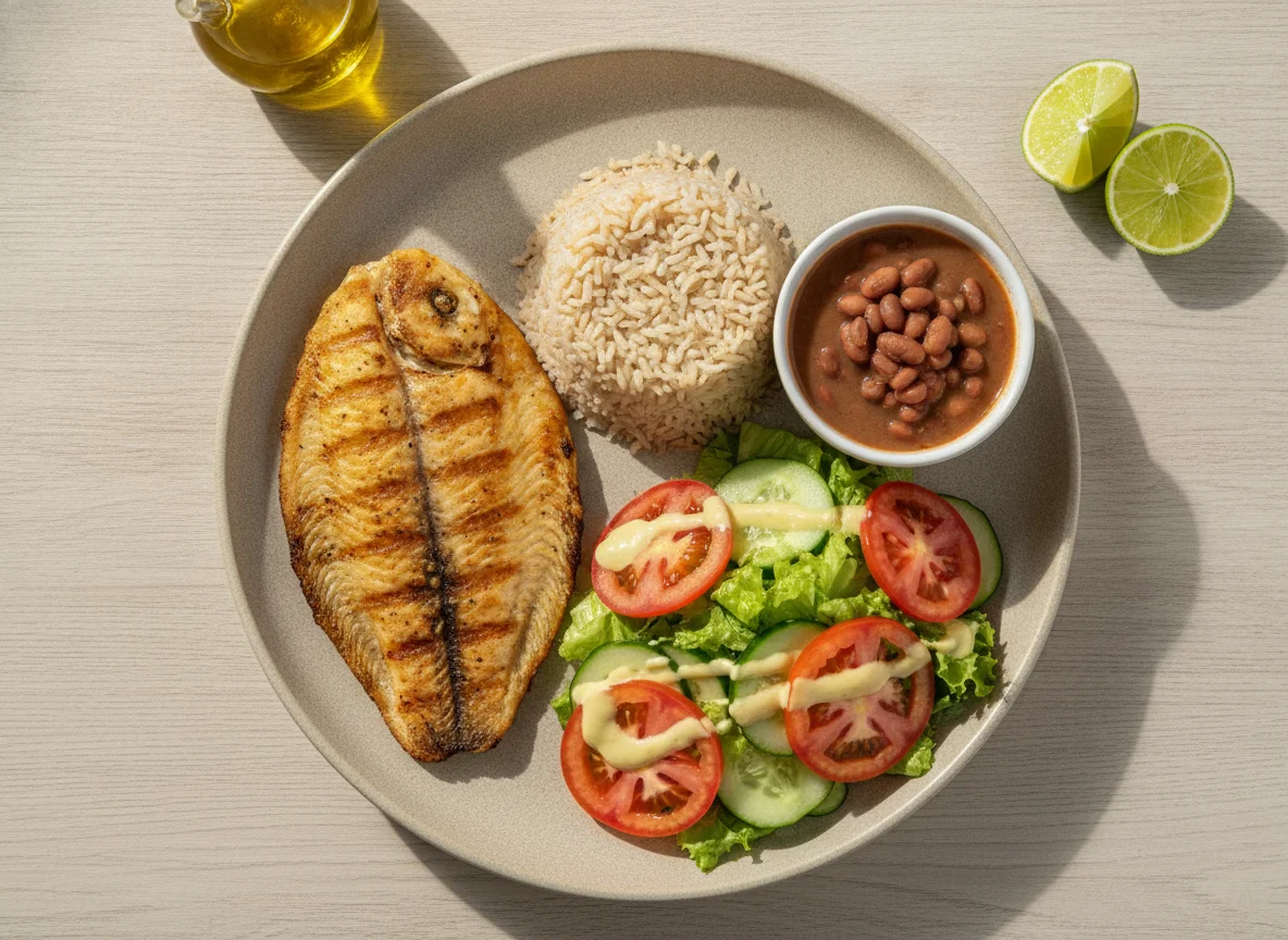 Filé de tilápia com arroz integral, feijão e salada photo