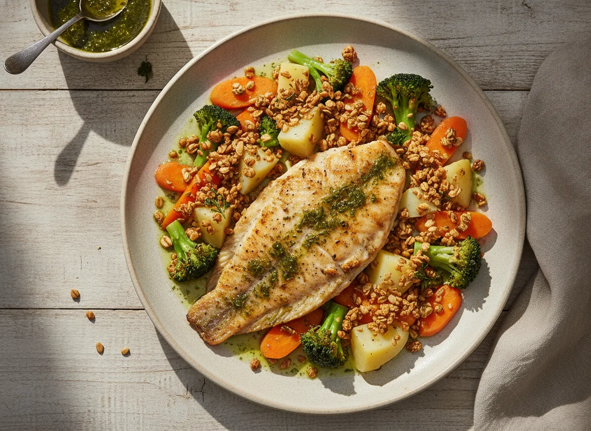 Filé de Tilápia com Legumes e Granola Salgada photo