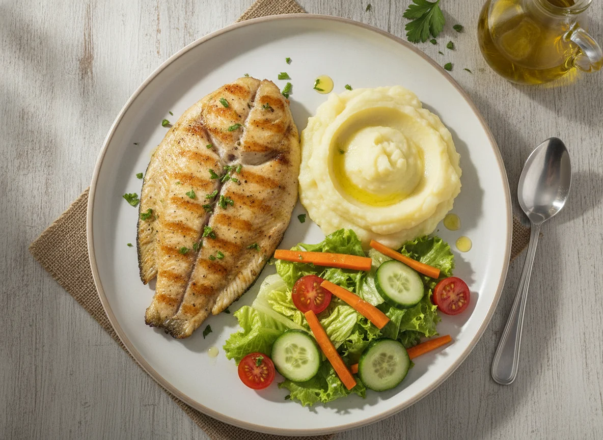 Filé de Tilápia com Purê de Batata e Salada Mista photo