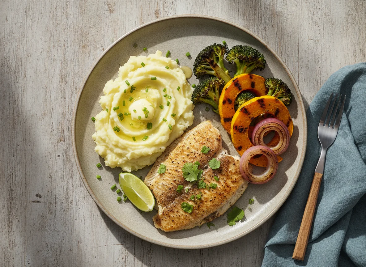 Filé de Tilápia com Purê de Batata e Vegetais Grelhados photo