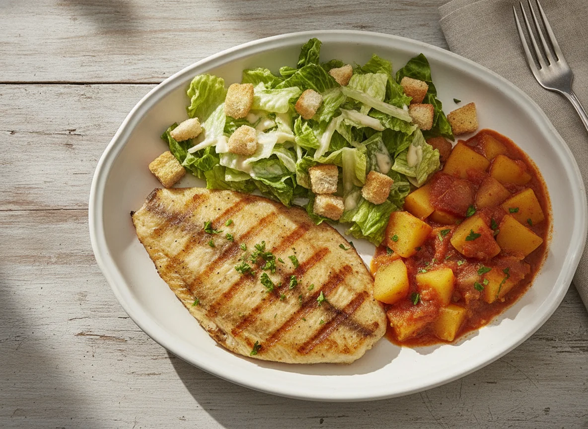 Filé de Tilápia com Salada Caesar e Ensopado de Batata photo