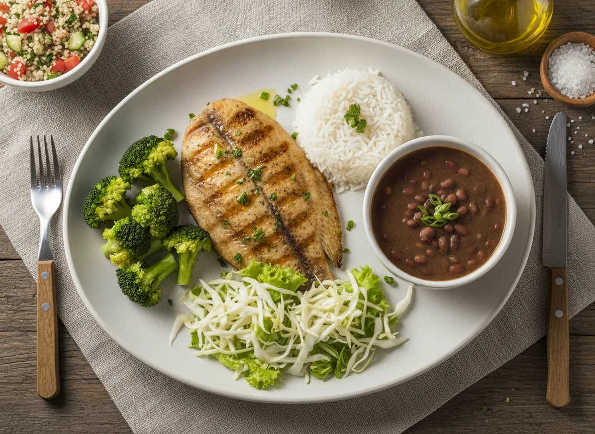 Filé de Tilápia Grelhado com Arroz, Feijão, Brócolis e Salada photo