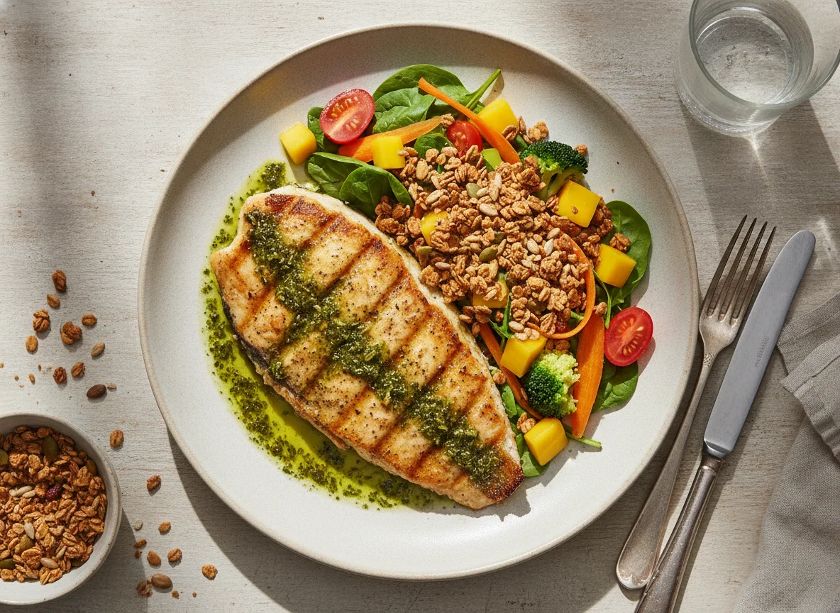 Filé de tilápia grelhado com salada tropical e granola salgada photo