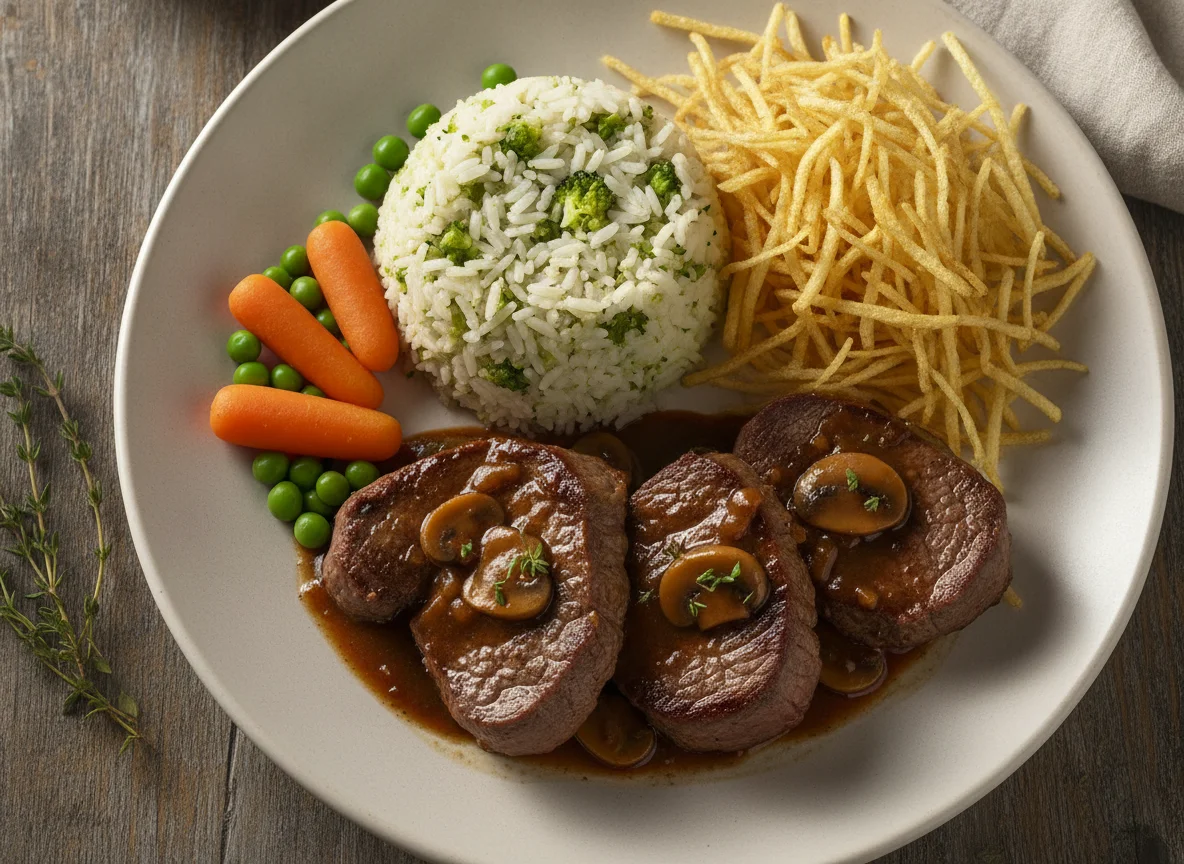 Filé Mignon ao Molho Madeira com Arroz de Brócolis e Batata Palha photo