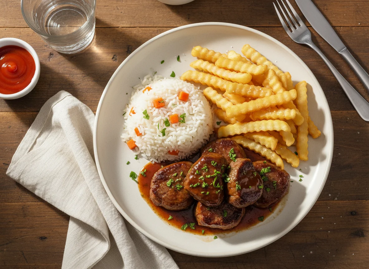Filé Mignon com Arroz e Batatas Fritas photo