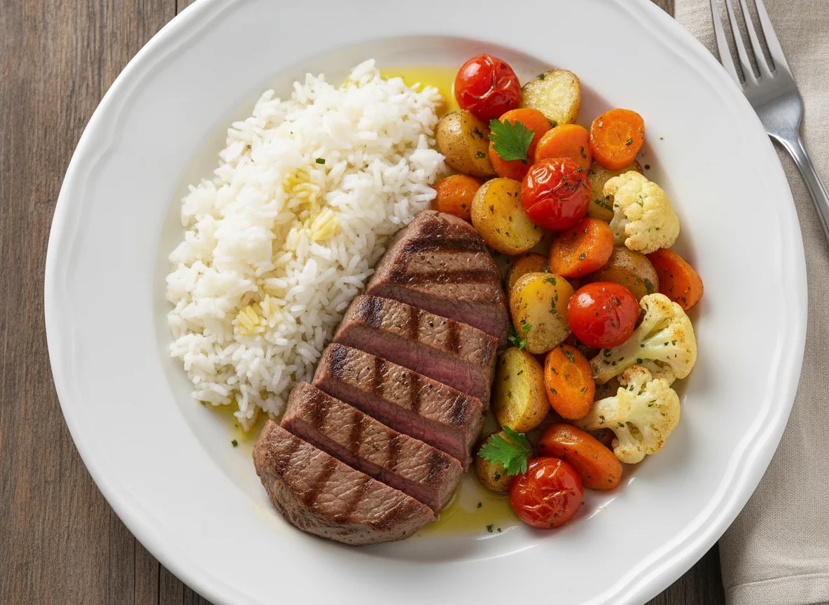 Filé Mignon com Arroz e Legumes Assados photo