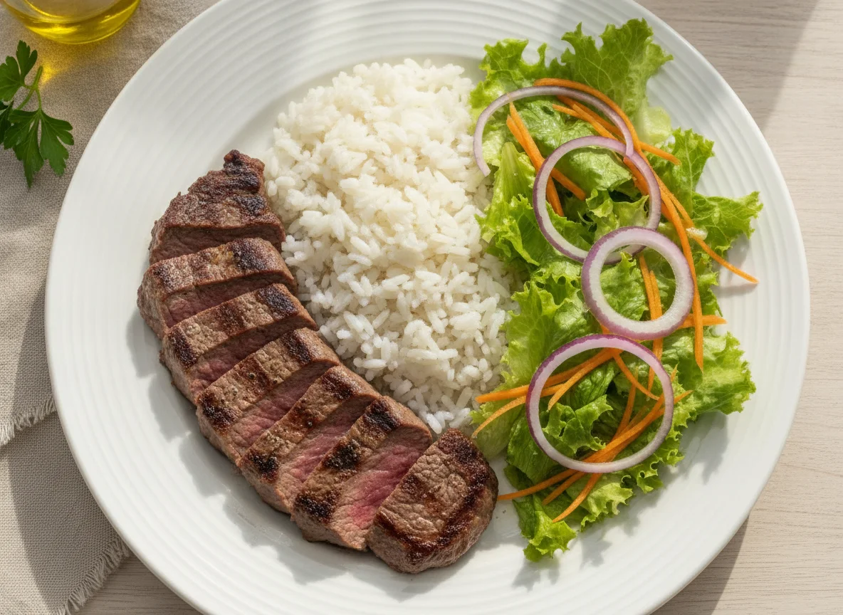 Filé mignon com arroz e salada mista photo