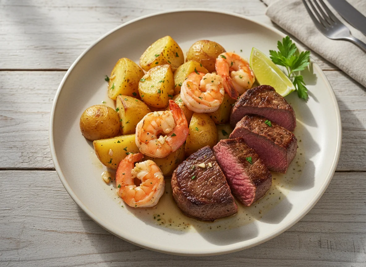 Filé mignon com batatas e camarão photo