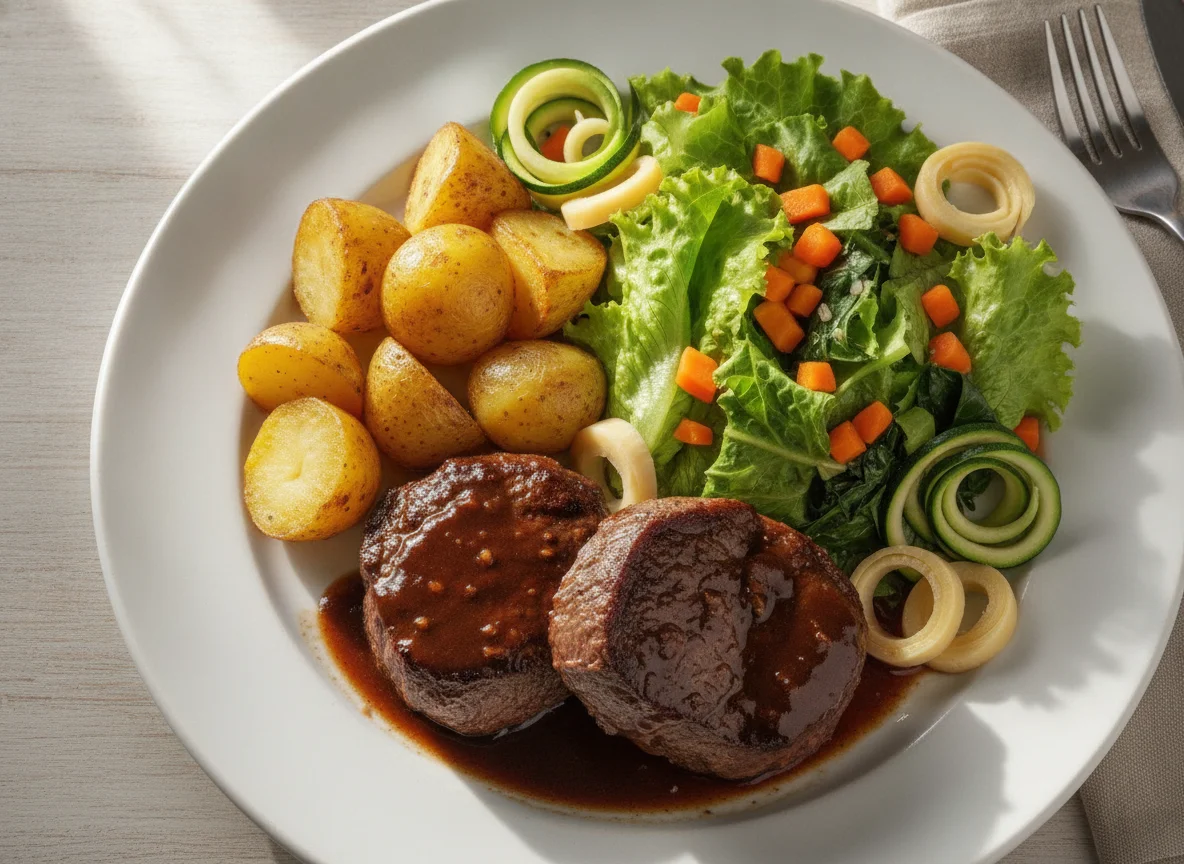 Filé mignon com batatas e salada photo