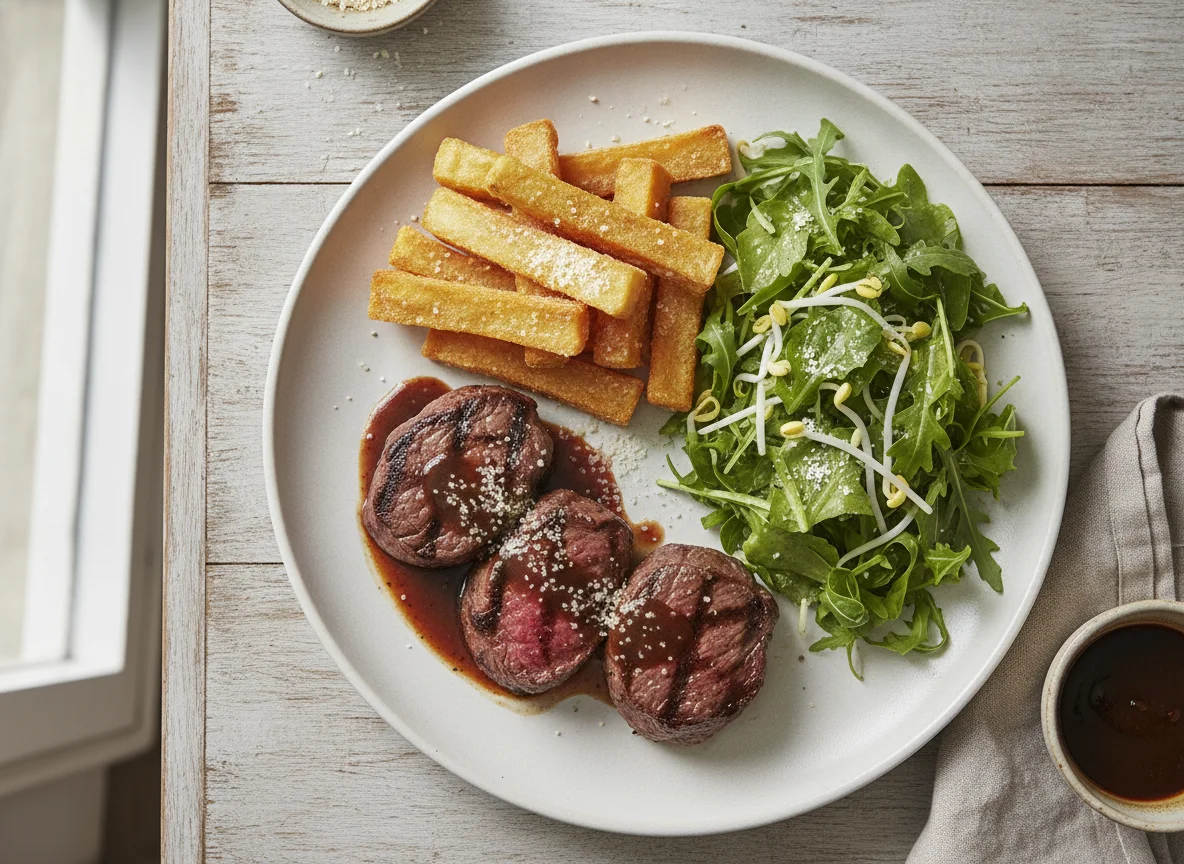 Filé mignon com mandioca frita e salada photo