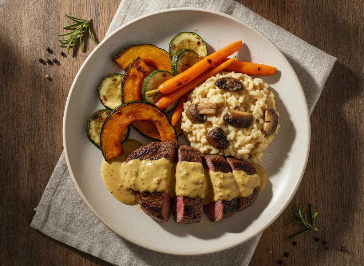 Filé mignon com molho de mostarda, risoto de cogumelos e legumes assados photo